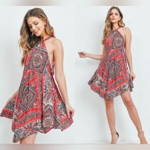 Bohemian Halter Cross Back Tie Asymmetrical Spring Summer Dress